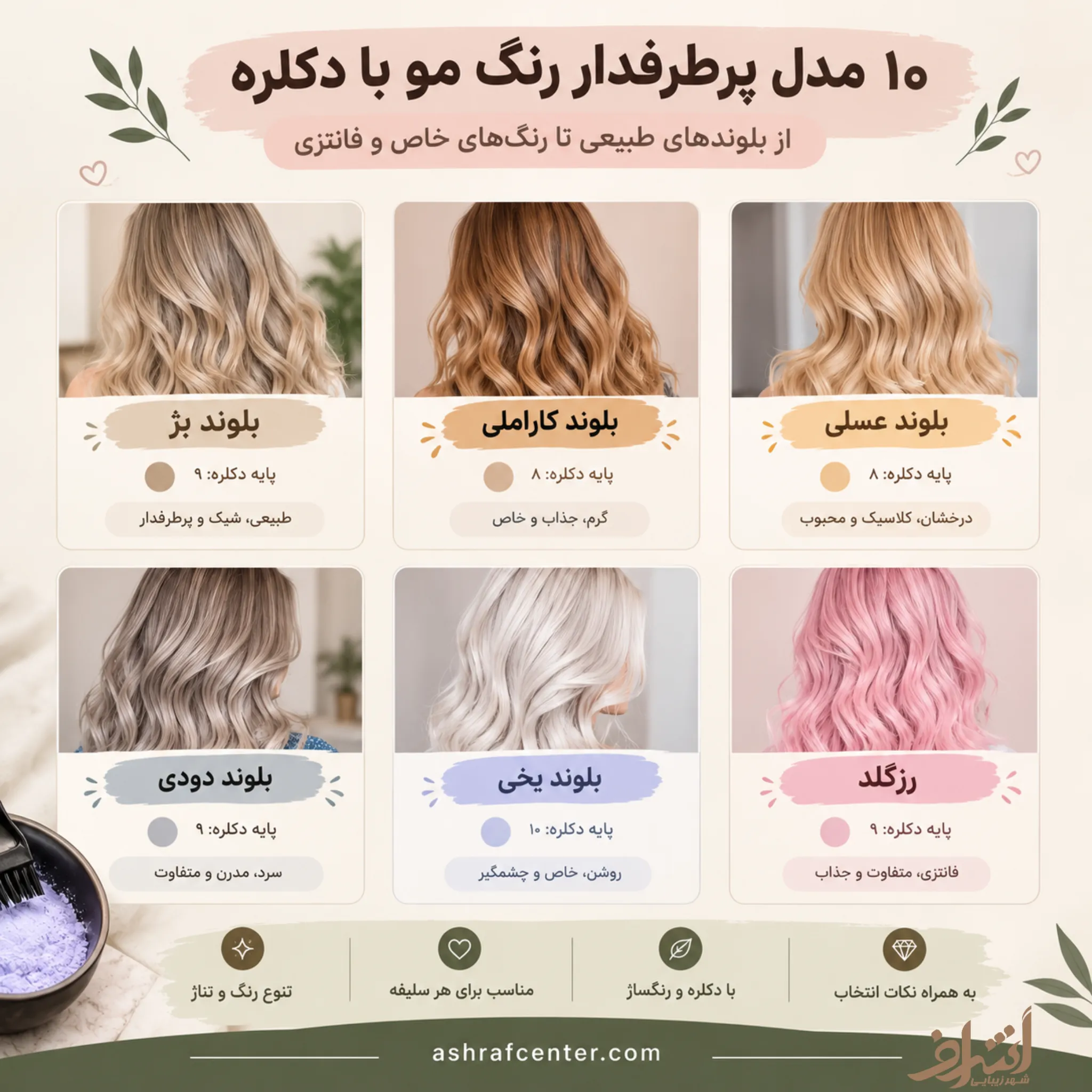 مقایسه ۶ مدل رنگ مو با دکلره شامل بلوند بژ، کاراملی، عسلی، دودی، یخی و رزگلد